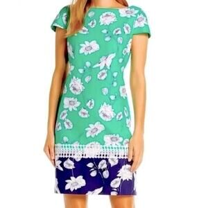 Eliza J Green & Blue Floral Print Cap Sleeve Cotton-Blend Shift Dress Size 14